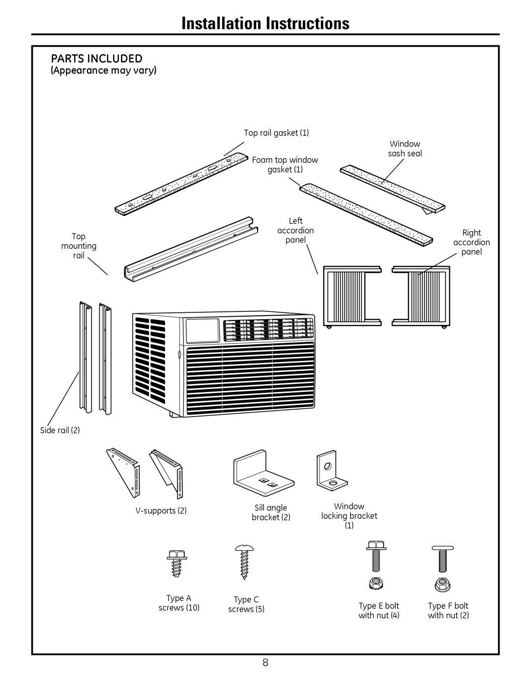 GE AEQ2, AEM2 Parts Included, Top rail gasket Window Foam top window, Gasket Left Top Accordion, Type E bolt Type F bolt 